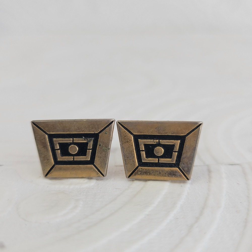 Vintage Mid Century Modern Geometric Gold Tone‎ Black Enamel Trapezoid Cufflinks